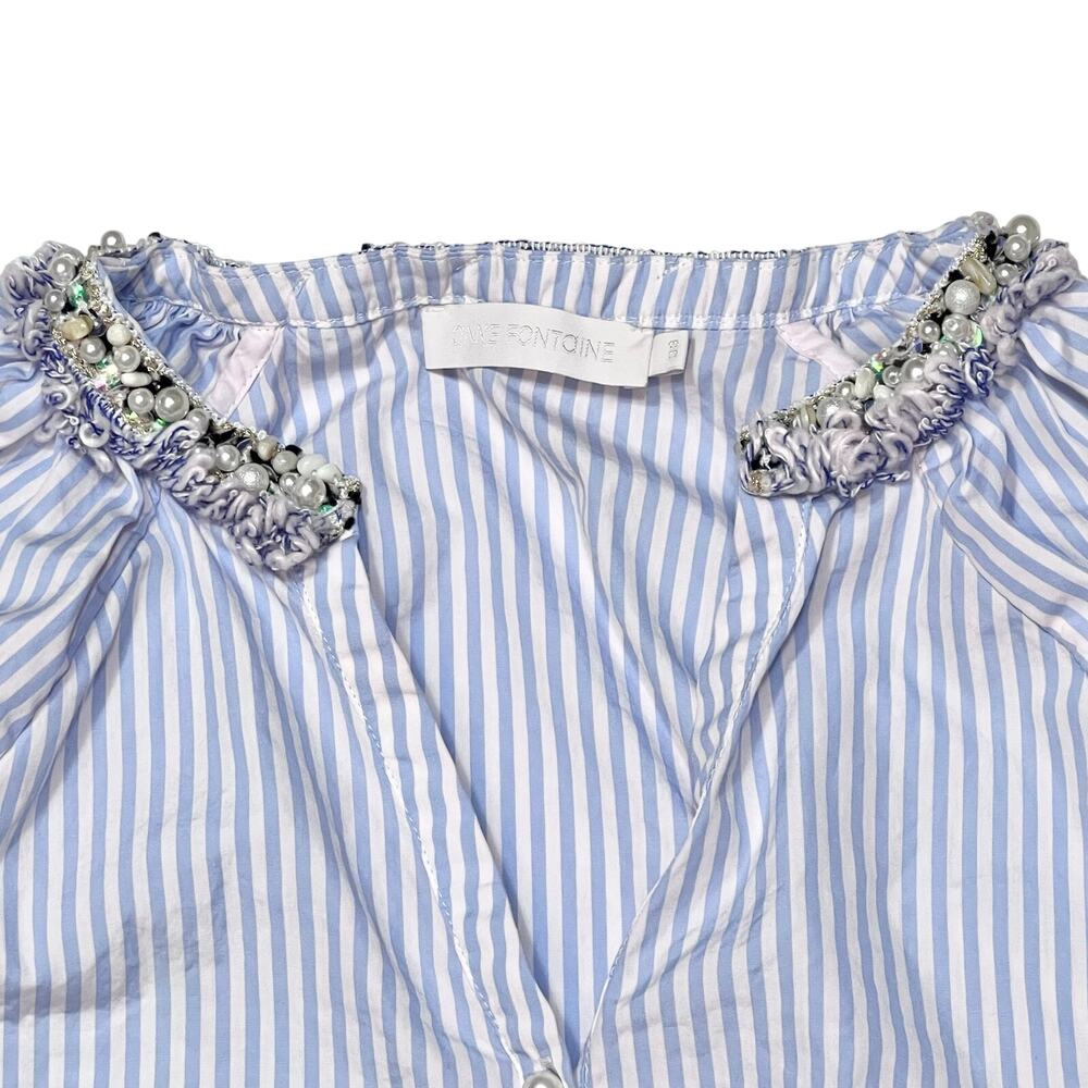 Anne Fontaine Aix Shirt Pearl Neck Size 38 Blue White Pinstripe Button Down - Picture 5 of 12